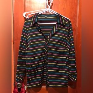Vintage 60s black pink yellow blue striped dagger collared button down